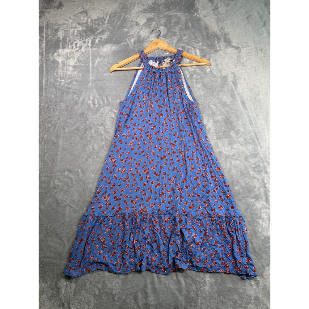 Loft Swing Dress Women's Medium Blue Floral Rayon Stretch Ruffle Trim Sleeveless